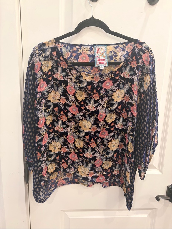 Johnny Was Tops - Johnny Was Navy Floral Velvet Silk Relaxed Scoop Neck Tunic